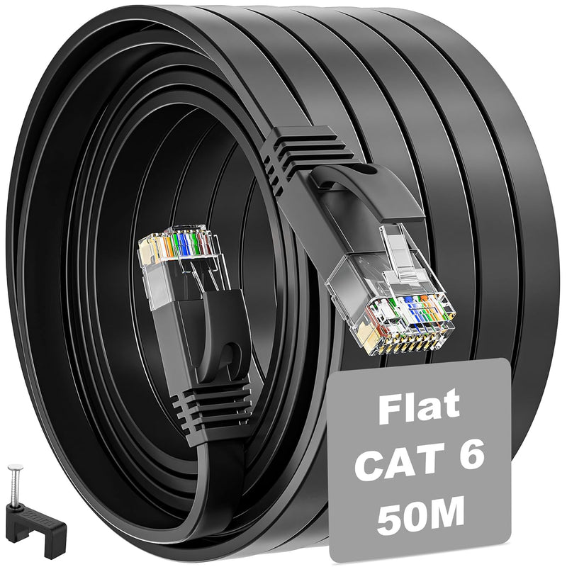 LAN Kabel 50 Meter Cat 6 Flach Wlan Kabel 50M Netzwerkkabel High Speed Schwarz Ethernet Kabel RJ45 K