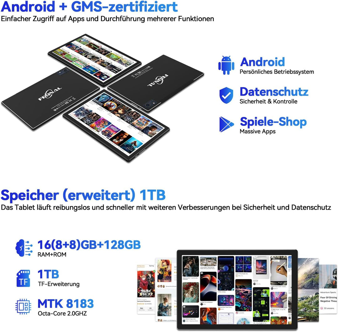 2024 Neueste Tablet 10 Zoll,5G Wifi Android 12 Tablet Mit 16GB RAM+128GB ROM(1TB TF),2-in-1 Tablet M