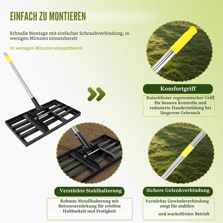 Rasenrakel, 198cm, 43x25cm Edelstahl Rasen-Nivelliergerät mit Ergonomischem Griff für Garten & Hof -