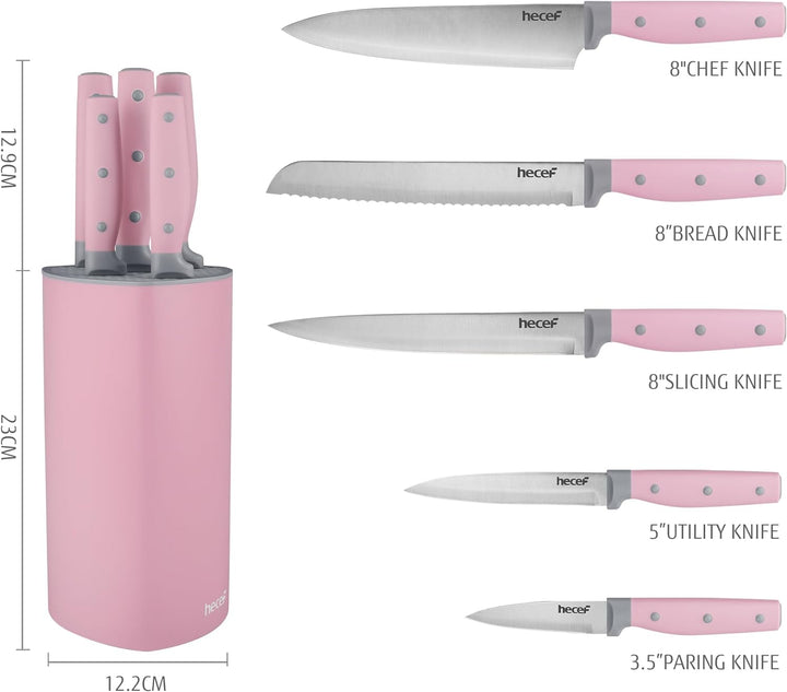 hecef Messerset, 6-tlg Universal Messerblock mit Messer, Scharf Edelstahl Messer Set mit dreifach ve