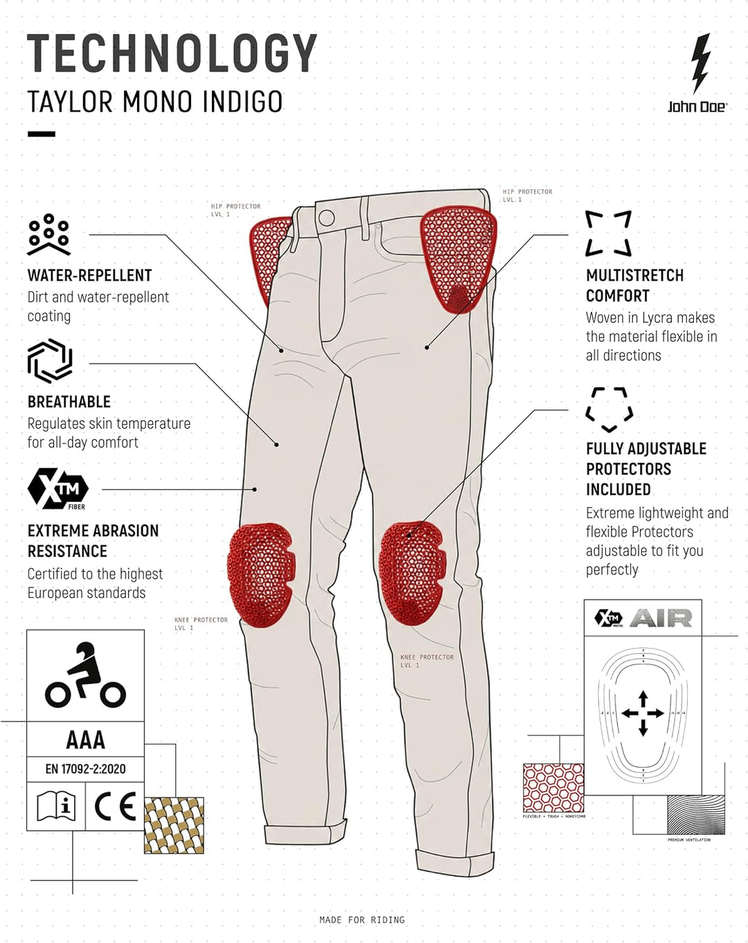 John Doe Taylor Monolayer XTM Motorrad Jeans Stretch Atmungsaktiv mit Protektoren 28W / 32L Indigo,