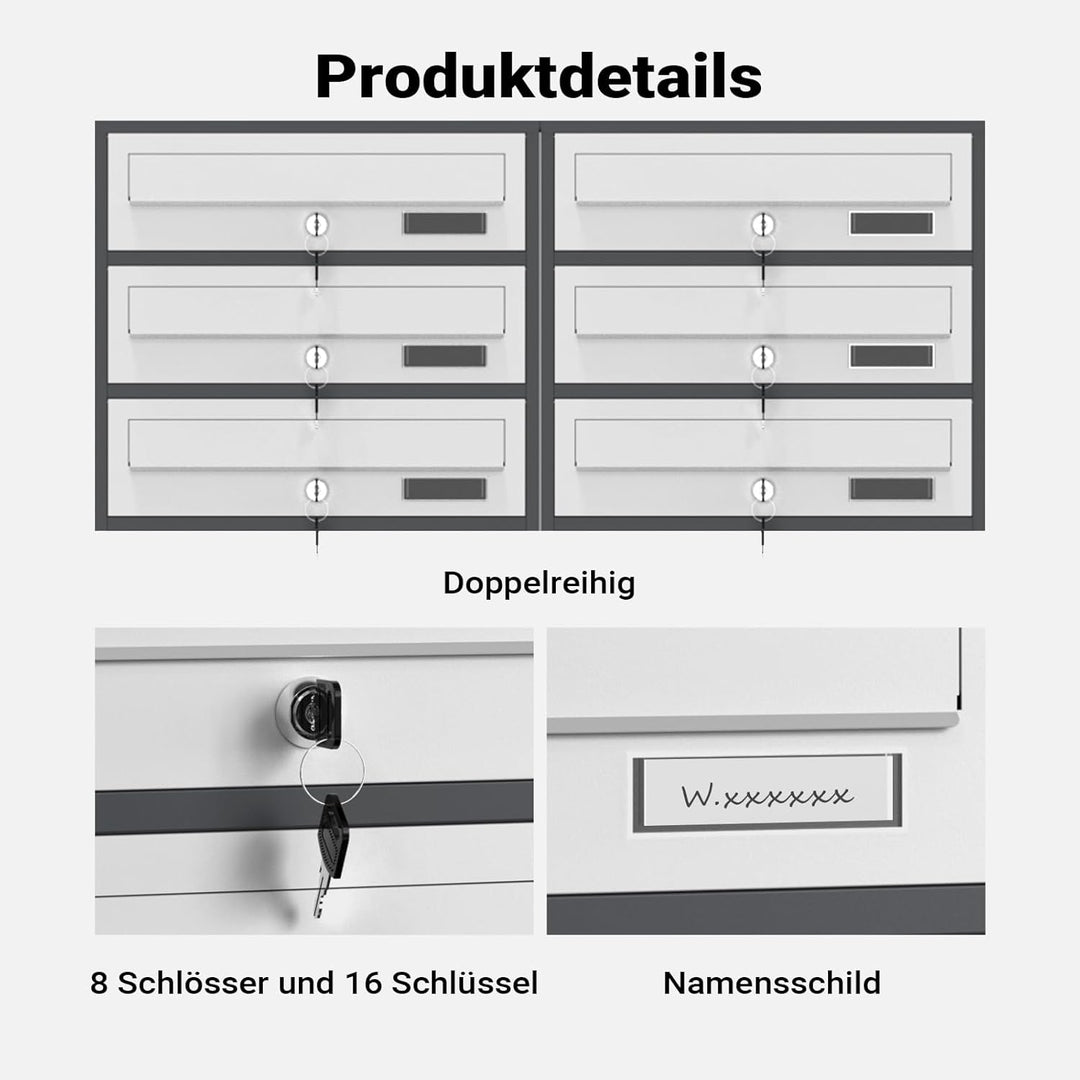 8er-Briefkastenanlage mit Standfuss, pulverbeschichtet in Anthrazit/Weiss, 2 Schlüssel je Postfach