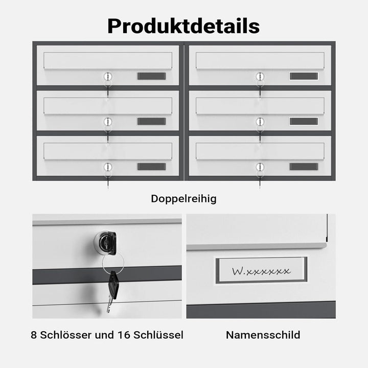 8er-Briefkastenanlage mit Standfuss, pulverbeschichtet in Anthrazit/Weiss, 2 Schlüssel je Postfach
