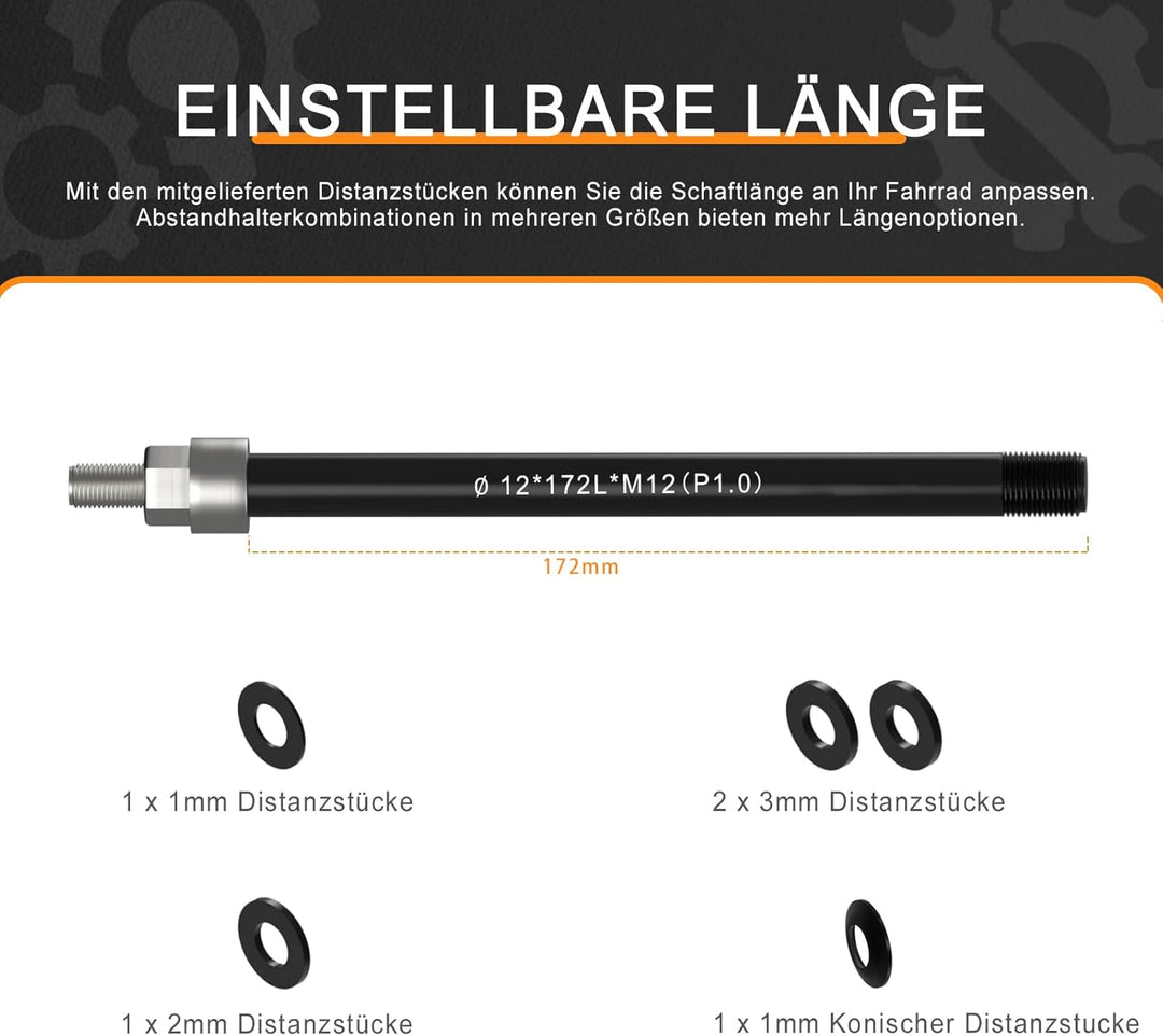 Steckachse M12 x 1,0-160-172 mm mit Adapter für Fahrradanhänger Kupplung, Kompatibel mit 142-148 Nab