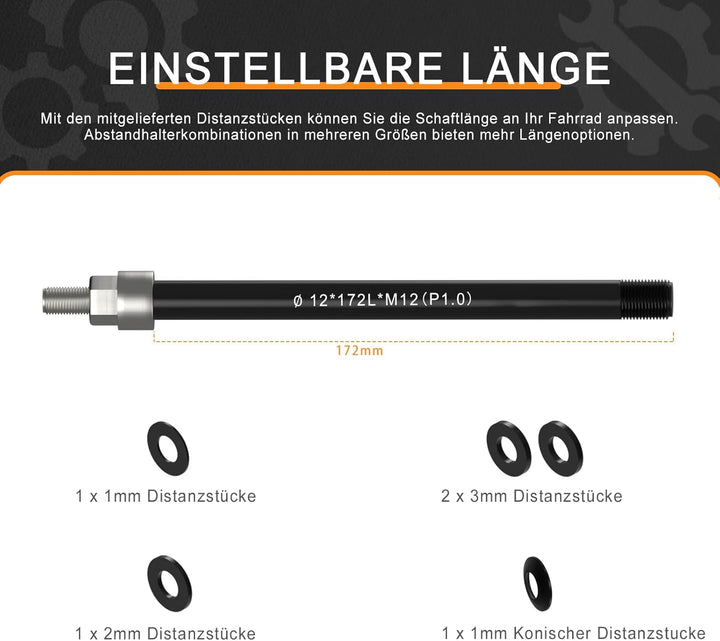 Steckachse M12 x 1,0-160-172 mm mit Adapter für Fahrradanhänger Kupplung, Kompatibel mit 142-148 Nab