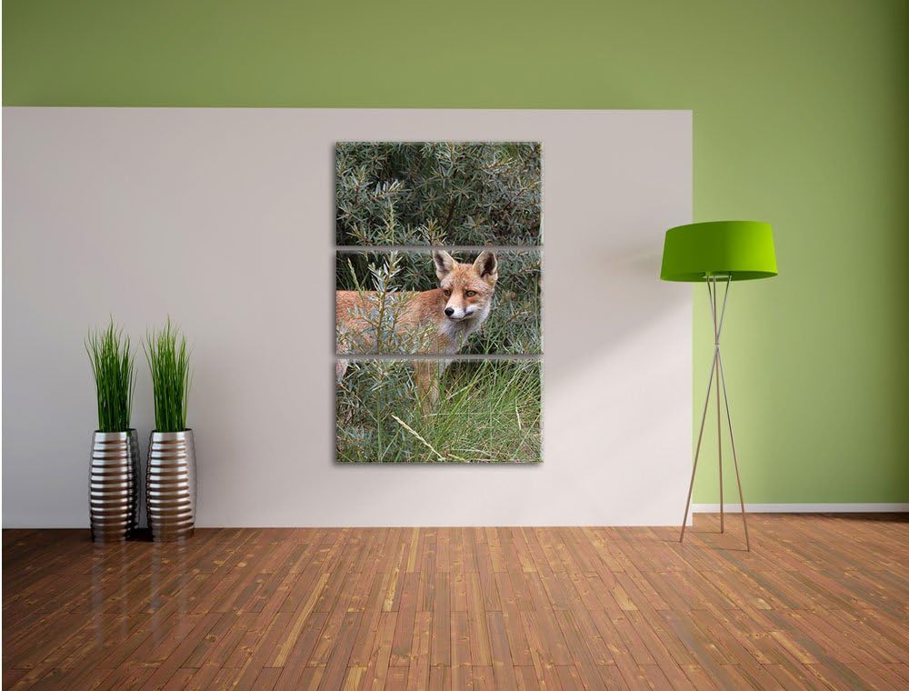 Pixxprint listiger Fuchs im Wildstrauch 3-Teiler Leinwandbild 120x80 Bild auf Leinwand, riesige Bild