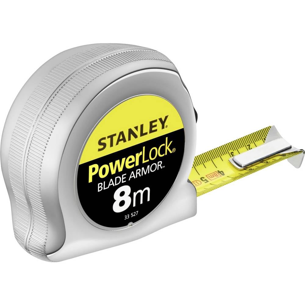Stanley Bandmass Micro Powerlock (8 m Länge, Feststeller, Rücklauf, Gürtelclip, verchromt, Mylar-Sch