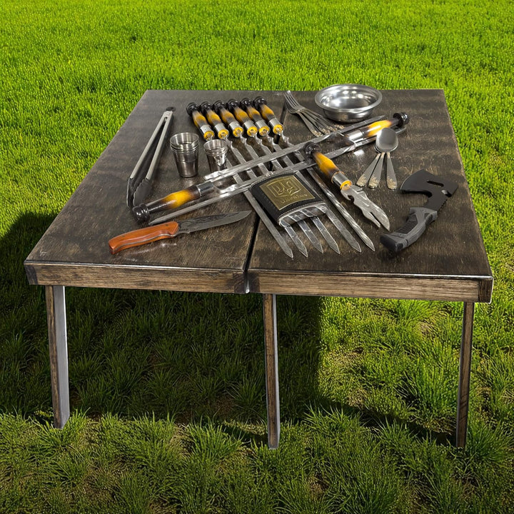 BBQ Grill Geschenkset im Holzkoffer mit Tischfunktion &amp; ukrainischer Symbolik – Premium Grillzubehör