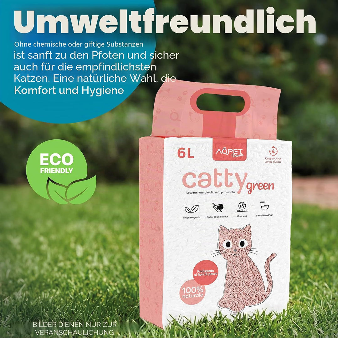 Aqpet Friends CattyGreen Katzenstreu mit natürlichem Sojabohnen, pflanzlicher Herkunft, Pfirsichduft