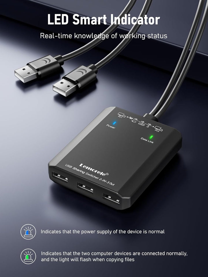 USB Switch Adapter, Lemorele 3 Ports USB Share USB Switch für 2 PCs, 2 In 3 Out USB KVM Switch Hub m