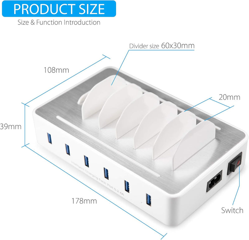 Handy USB Ladestation TechDot Ladestation Mehrere Geräte 6 Port USB Multi Ladestation für Handys Sma