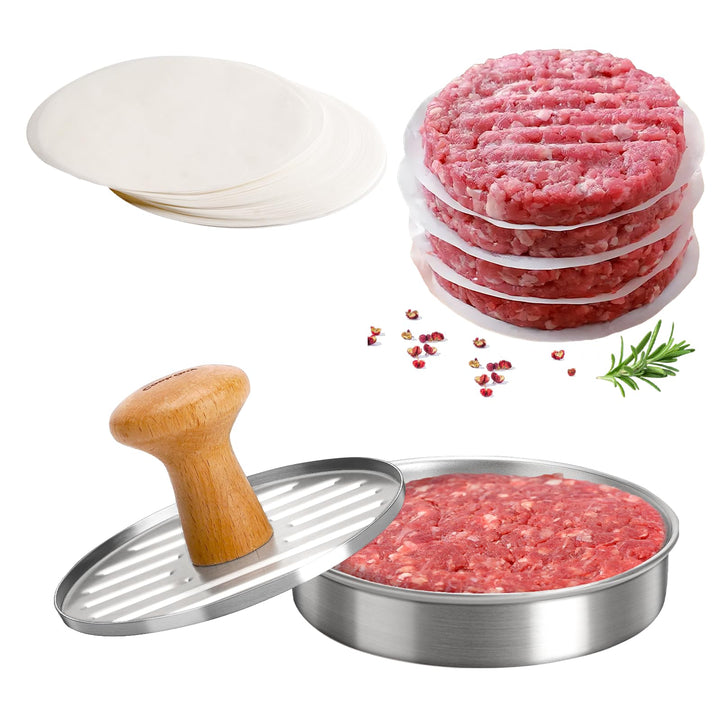 Burgerpresse – Lebensmitteltaugliche Edelstahlpresse mit rutschfestem Holzgriff und 100 Antihaft-Pap