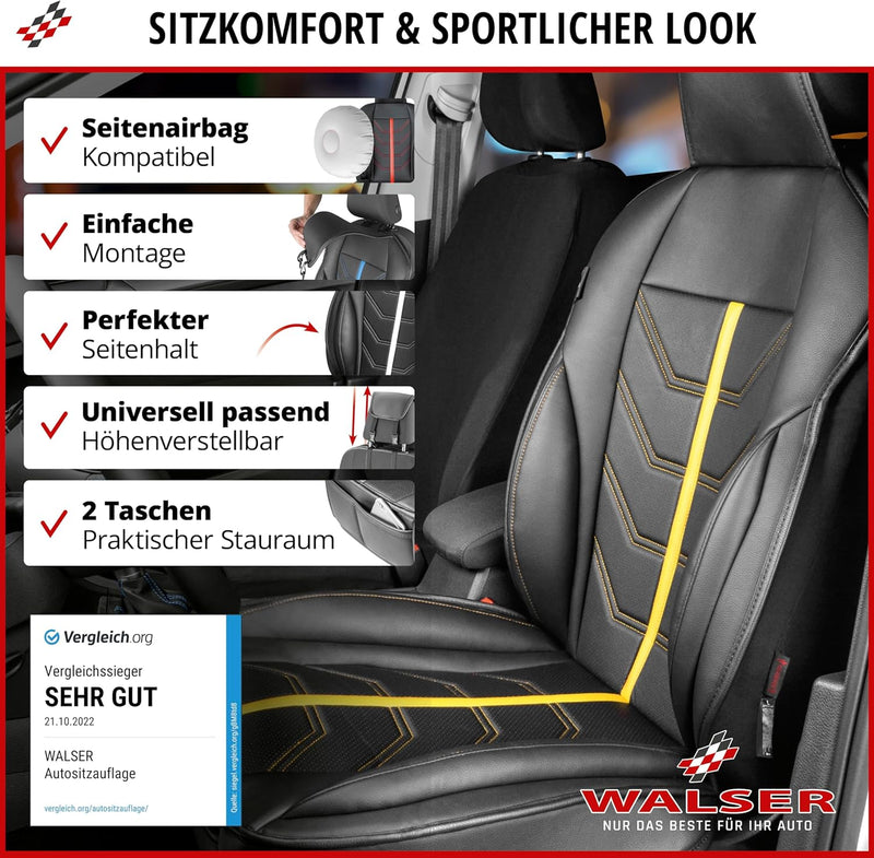 WALSER Premium Sitzauflage Auto Kimi, Sitzschoner Auto schwarz/gelb, Vergleichssieger* Auto Sitzaufl