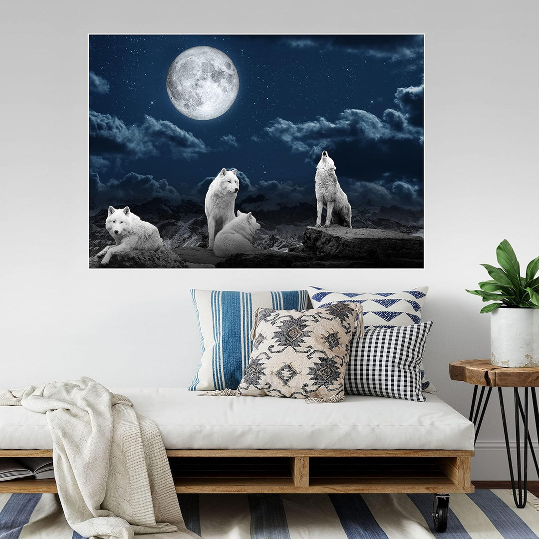 wandmotiv24 Poster als Wanddeko, Grösse 100x70cm, Wolfsrudel, Wolf, Gemälde, Mond, Wölfe, Felsen, Ti