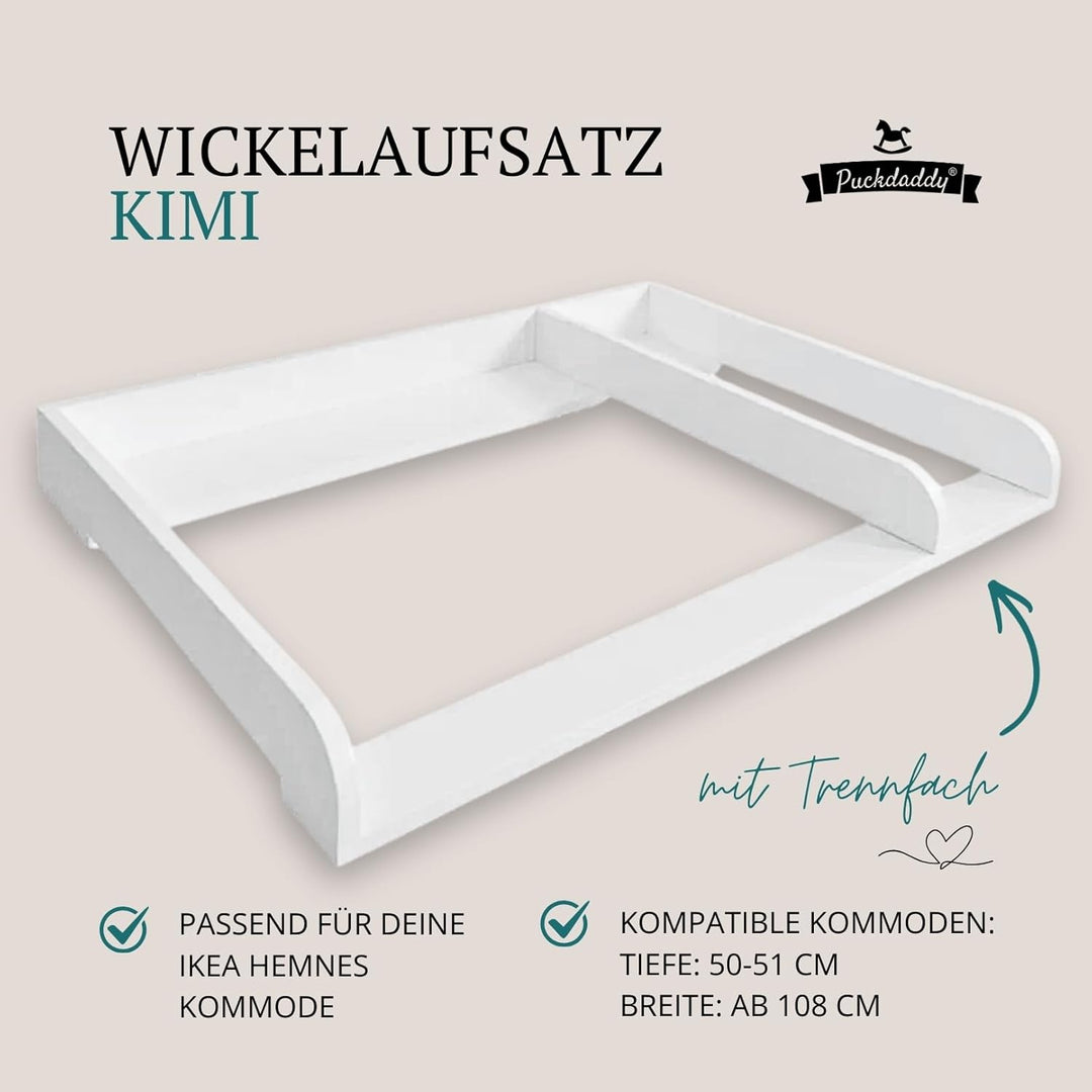 Puckdaddy Kimi | XXL Wickelaufsatz kompatibel mit Hemnes Kommoden u.Ä. | 108x80x10 cm | weisses MDF-