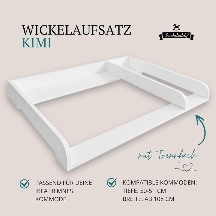 Puckdaddy Kimi | XXL Wickelaufsatz kompatibel mit Hemnes Kommoden u.Ä. | 108x80x10 cm | weisses MDF-