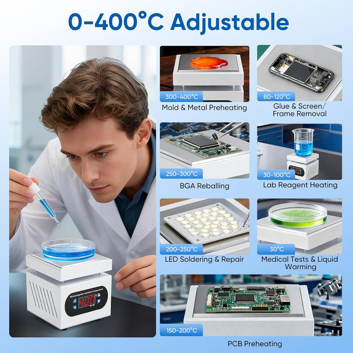 PCB Heizstation, 350W Elektrische Heizplatte Lötstation 100x100 MM, 0-400℃, Vorheizen Station, LED M