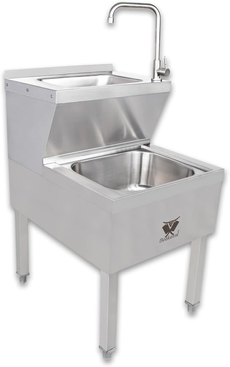 Beeketal 'BAB-1' 2in1 Edelstahl Stand Handwaschbecken mit Ausgussbecken, Industrie Waschbecken mit h
