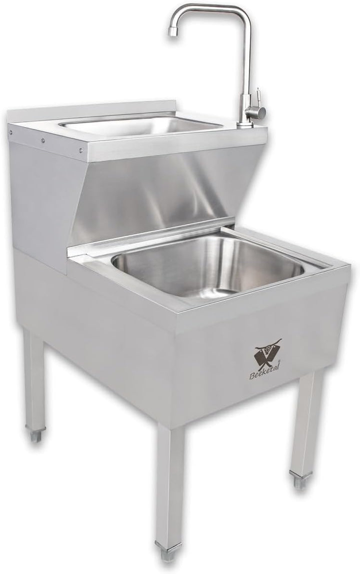 Beeketal 'BAB-1' 2in1 Edelstahl Stand Handwaschbecken mit Ausgussbecken, Industrie Waschbecken mit h