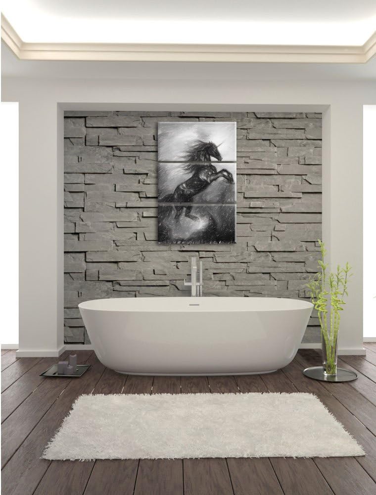 Pixxprint Traumhaftes schwarzes Einhorn Kohle Zeichnung Effekt 3-Teiler Leinwandbild 120x80 Bild auf