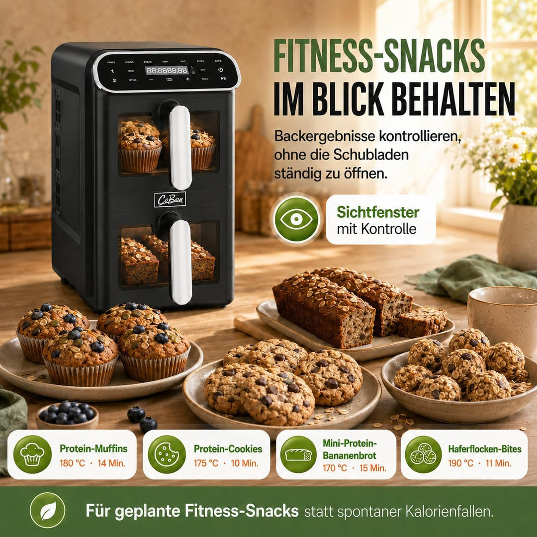 Heissluftfritteuse 2 Kammern übereinander 11L, platzsparende vertikale Doppelkammer, 2×5,5L Airfryer