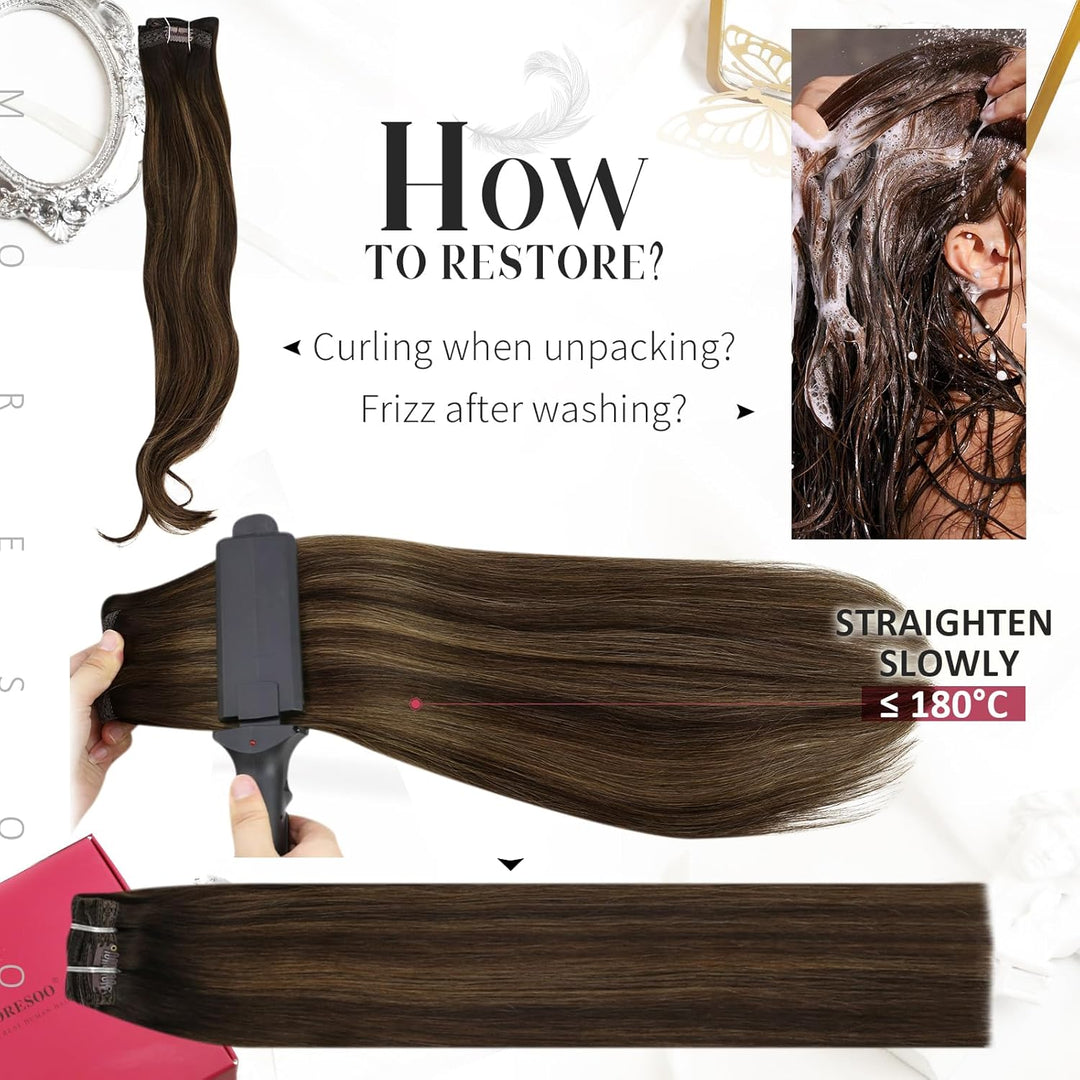 Moresoo Clip in Extensions Echthaar Balayage Remy Extensions Clip in Echthaar Dunkelstes Braun mit M