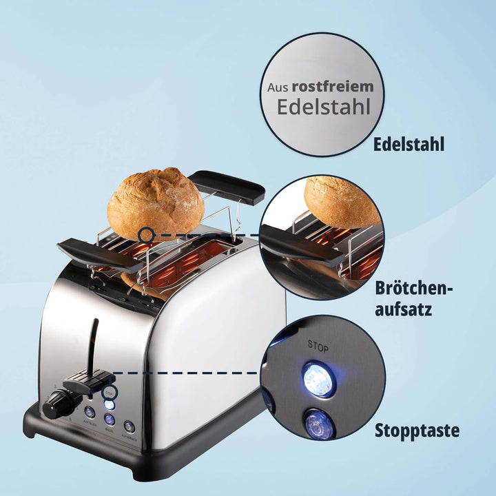 KHG Edelstahl Toaster in Chrom Optik mit Brötchenaufsatz, 2 Scheiben | 6 Bräunungsstufen mit Bräunun