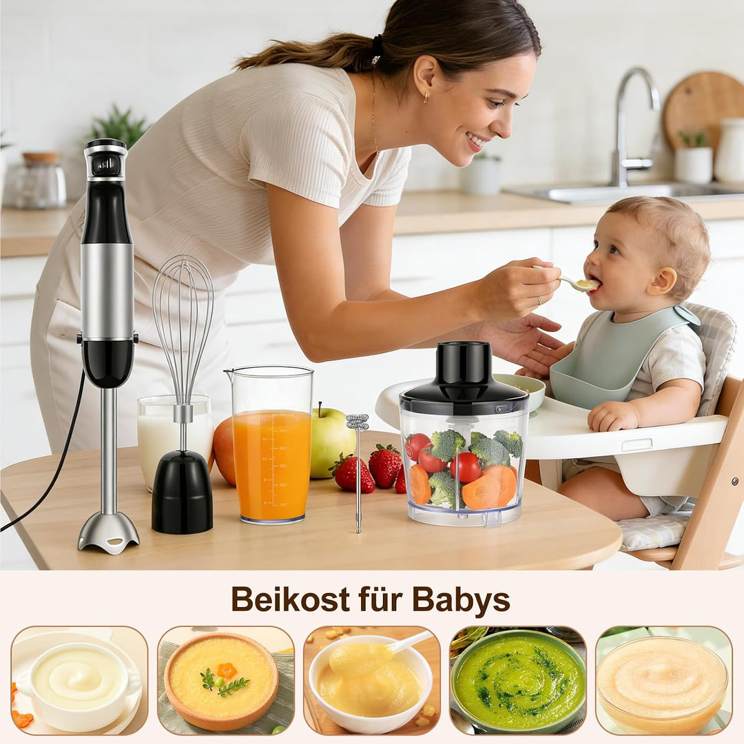 Stabmixer Set 5 in 1-1000W Pürierstab - Stufenlose Geschwindigkeit | Edelstahl Hand Blender Mit Schn