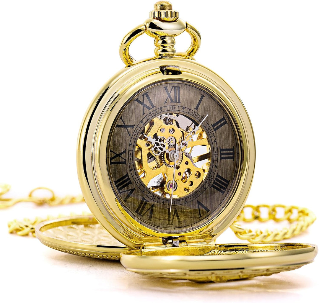 Treeweto Vintage Taschenuhr, mechanisch, doppelter Abdeckung, hohles Gehäuse, Skelett, Steampunk, Hi