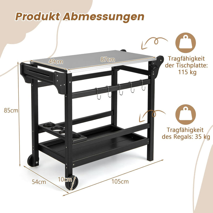 COSTWAY Grillwagen aus HDPE, Grilltisch mit Gewürztablett, Weinflaschenregal, Griff & 2 Rollen, Arbe
