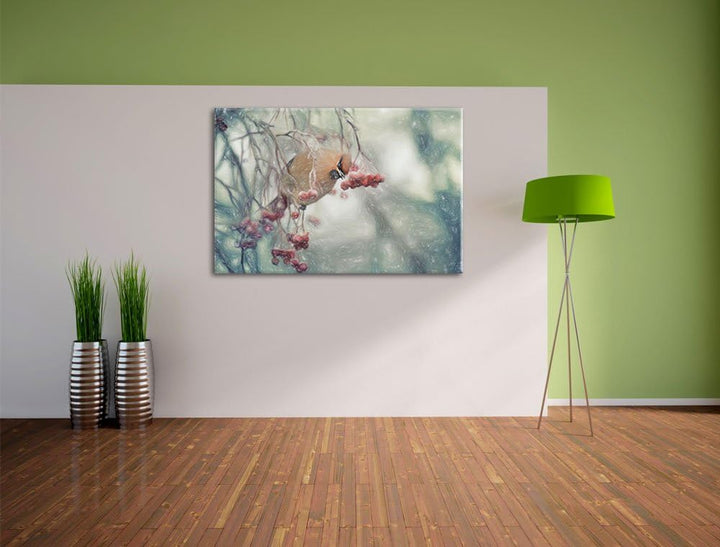 Pixxprint Kleiner Vogel im Vogelbeerbaum Bunstift Effekt, Format: 100x70 auf Leinwand, XXL riesige B