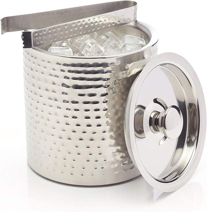 BarCraft Eiskübel, Edelstahleimer mit Deckel und Zange in silberner Hammerschlagoptik, 1,5 Liter, 15