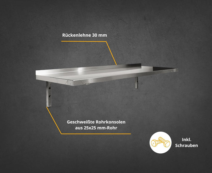 BUD-ETPL84 Wandregal, Edelstahl, feste Konsolen, 400 mm x 800 mm x 250 mm