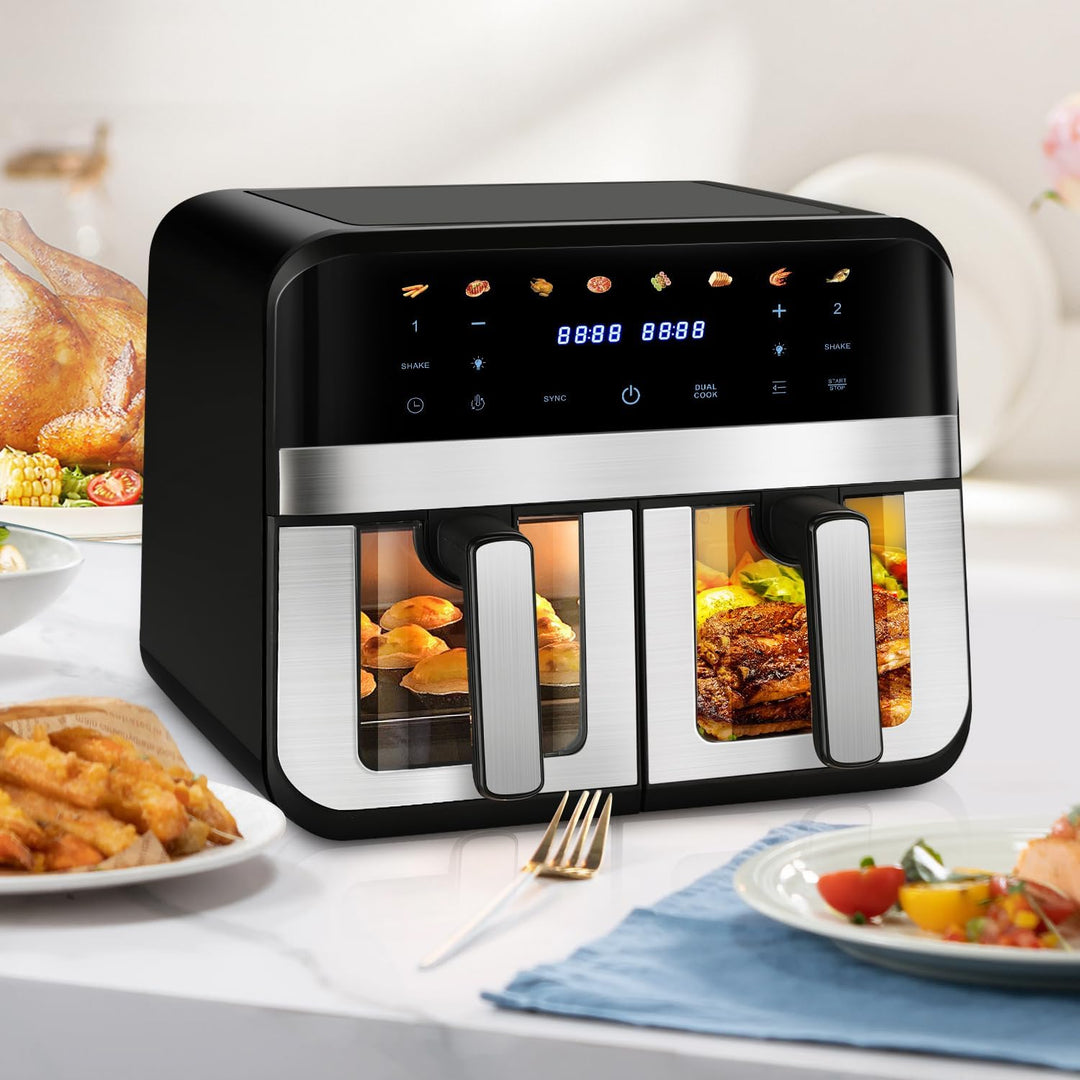 Dual Zone Heissluftfritteuse, XXL 9L Rapid AirFryer, 2 Fächer, 8 Programme, 80°C- 200°C, 2400W, Heis