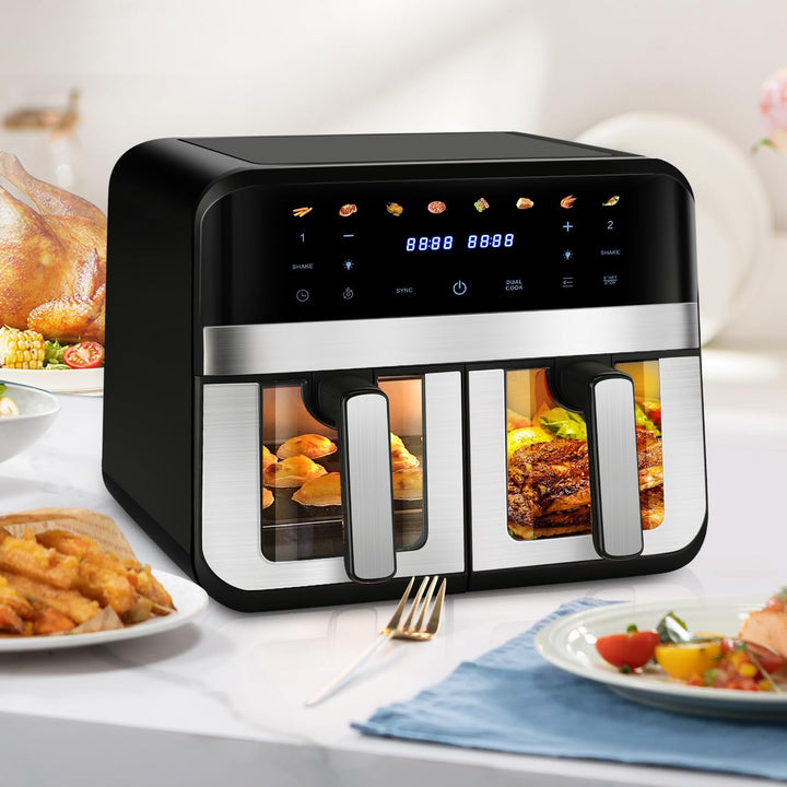 Dual Zone Heissluftfritteuse, XXL 9L Rapid AirFryer, 2 Fächer, 8 Programme, 80°C- 200°C, 2400W, Heis