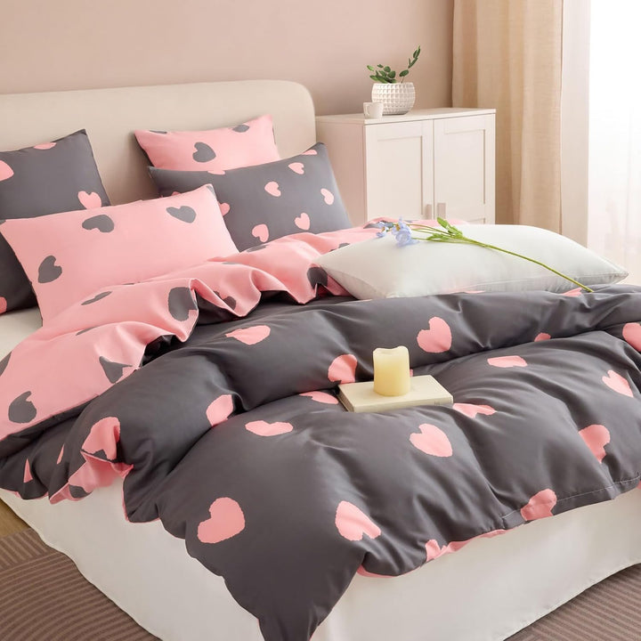 Tospass Liebe Bettwäsche 135x200cm Grau Rosa Herz Mädchen Wende Bettwäsche Set Liebesmotiv Romantisc