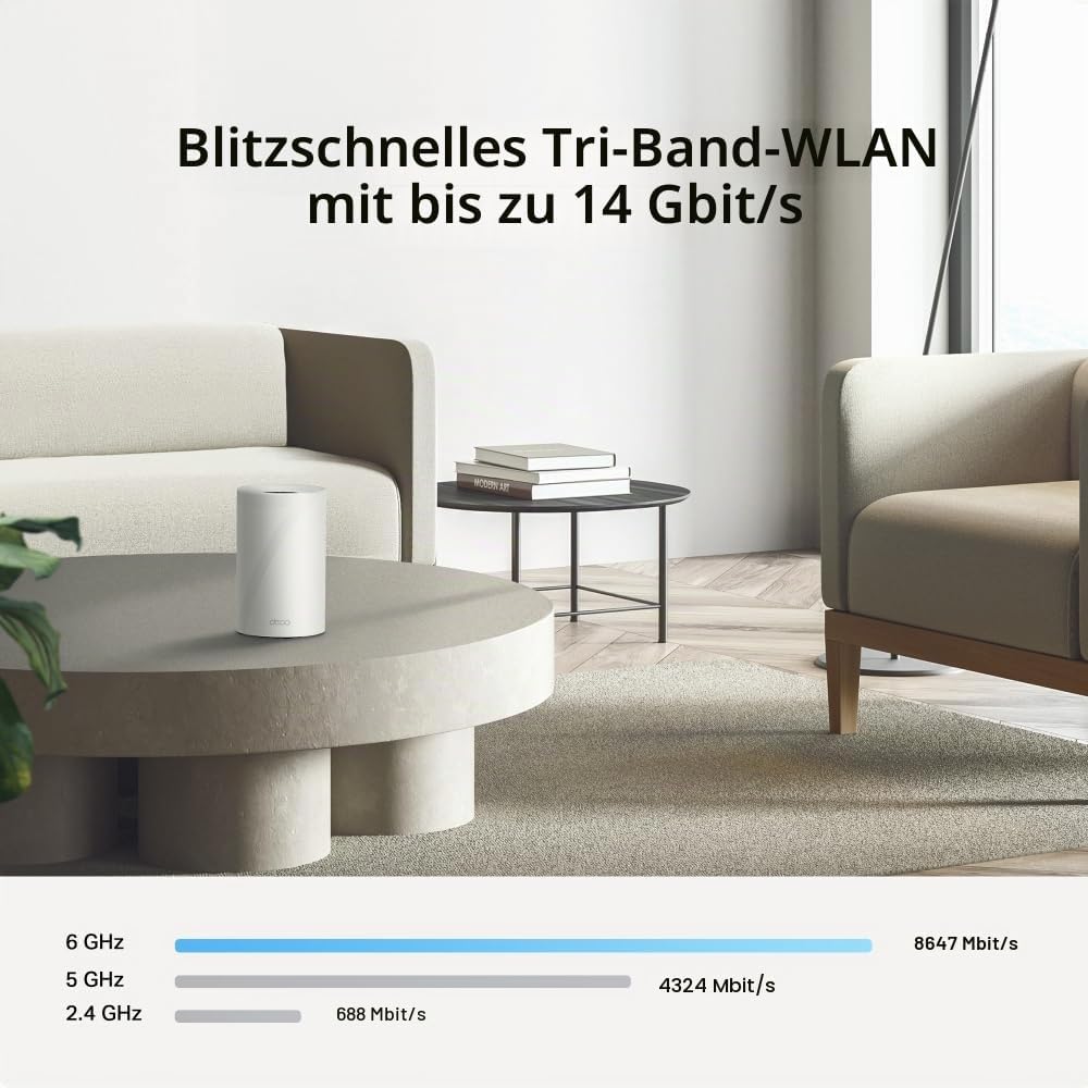 TP-Link Deco BE68 (3-Pack), WiFi 7 Mesh BE14000 Tri-Band, 14 Gbit/s, Ethernet-Port bis zu 10 Gbit/s,