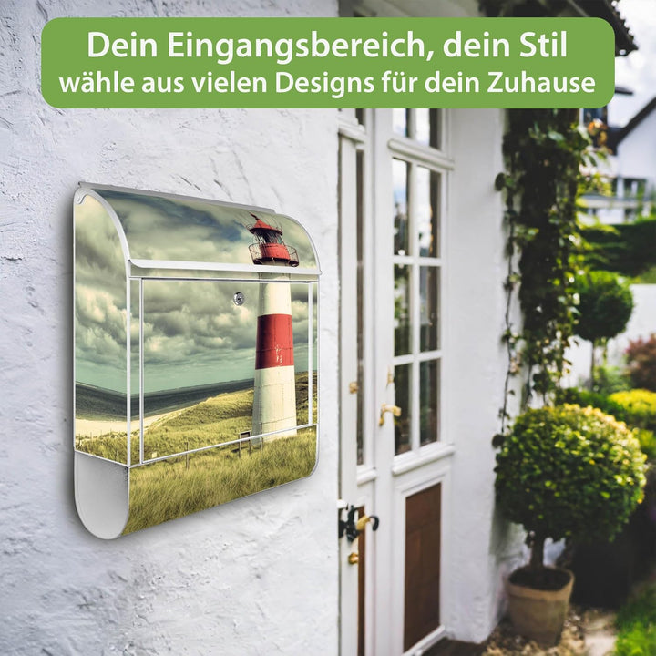 banjado Design Briefkasten 38,5x46,5x13cm & 2 Schlüssel - Briefkasten Stahl Weiss mit Zeitungsfach p