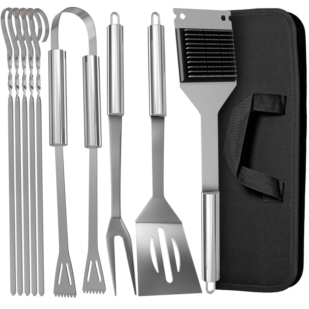 Praknu 𝗘𝘀𝘀𝗲𝗻𝘁𝗶𝗲𝗹𝗹𝗲𝘀 Grillbesteck Set aus Edelstahl - Hitzebeständig &amp; Rostfrei inkl. praktischer Tra