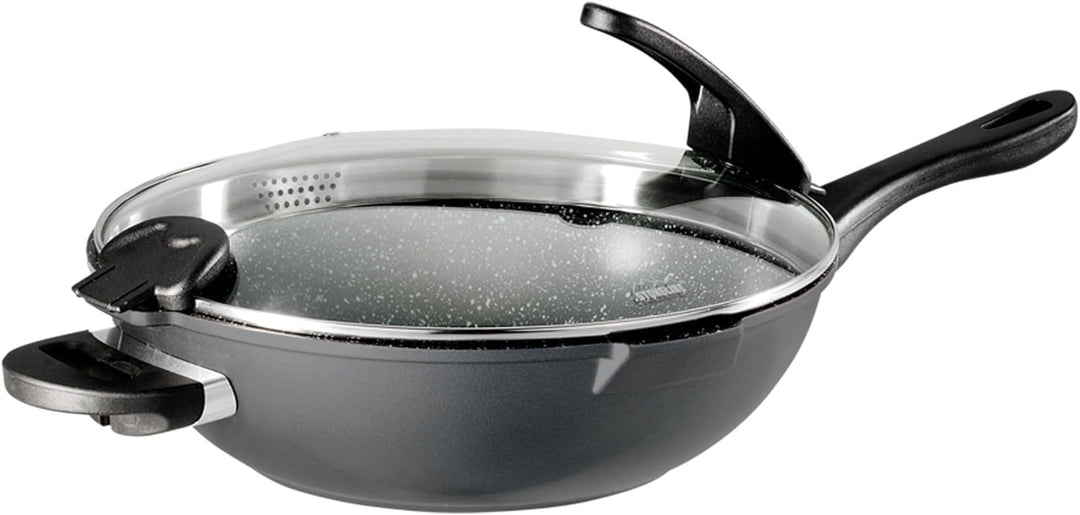 Stoneline Future Wok 32 cm, mit Sieb-Glasdeckel, mit austauschbaren Griffen, induktionsgeeignet, Alu