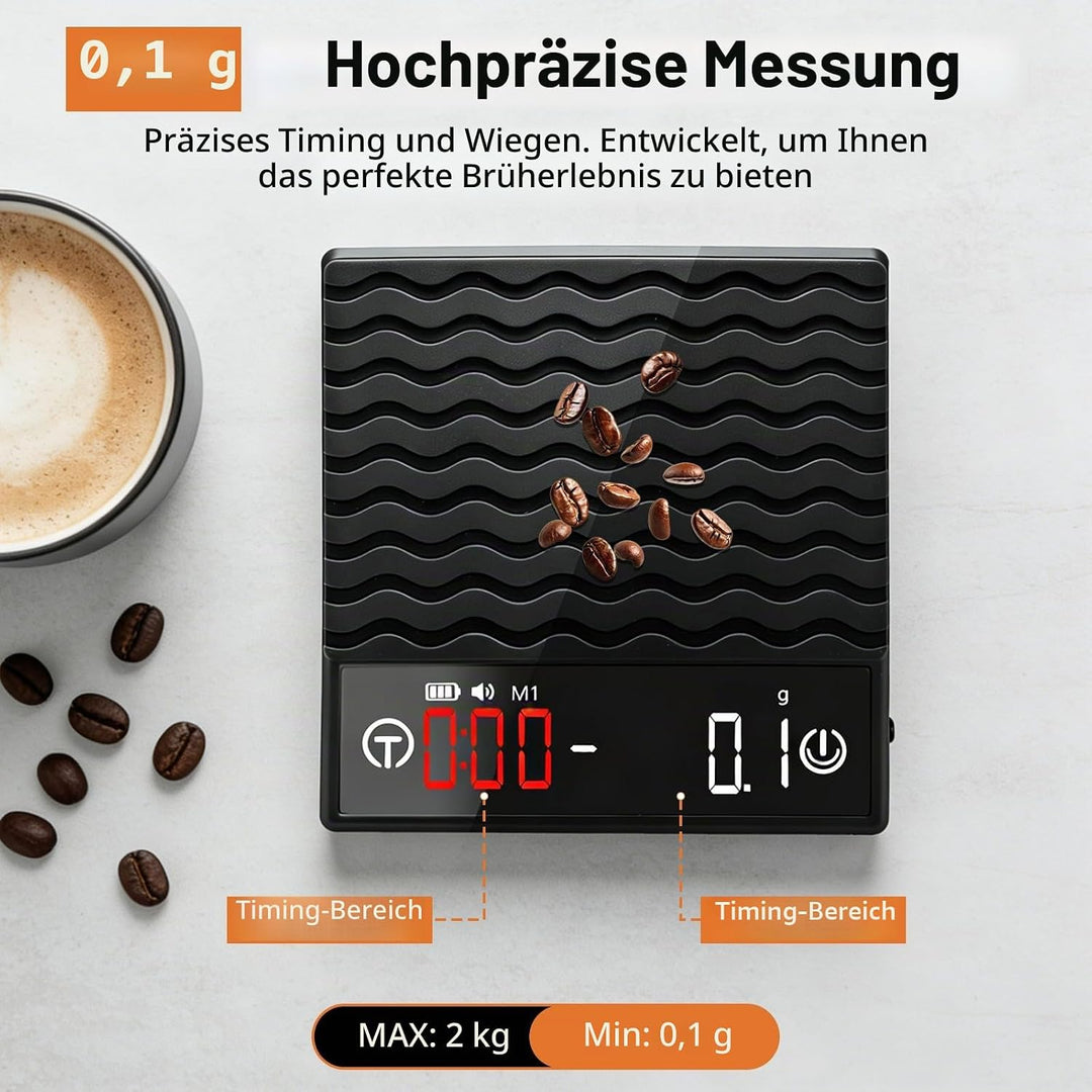 Kaffee Waage mit Timer, Espresso Waage 2kg/0,1g Präzisionswaage, Wiederaufladbare Küchenwaage mit LE