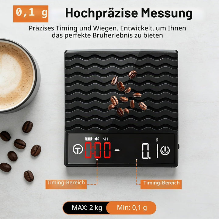 Kaffee Waage mit Timer, Espresso Waage 2kg/0,1g Präzisionswaage, Wiederaufladbare Küchenwaage mit LE
