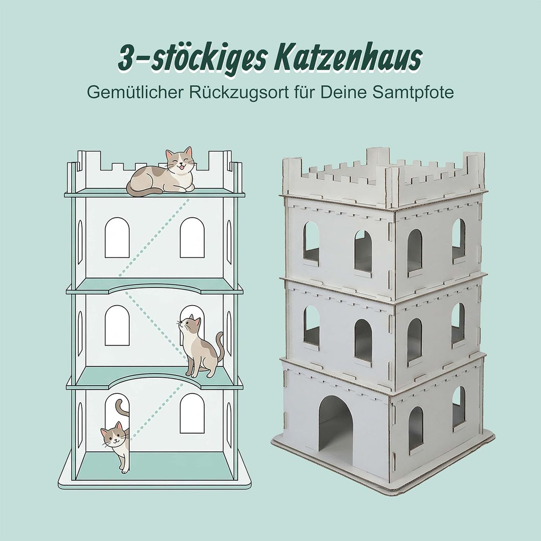 Relaxdays Katzenburg, 3 Etagen, Katzenschloss, Papphaus zum Bemalen, Stecksystem, HBT: 107,5x62x62 c