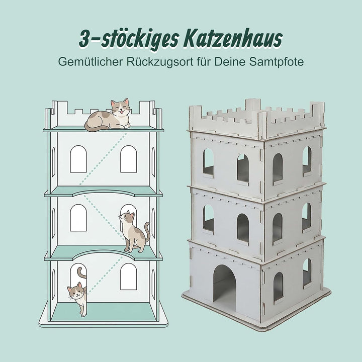 Relaxdays Katzenburg, 3 Etagen, Katzenschloss, Papphaus zum Bemalen, Stecksystem, HBT: 107,5x62x62 c