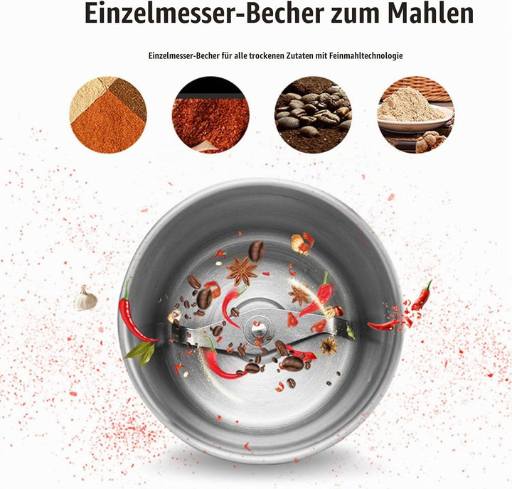200-W-Elektromühle für Kaffee und Gewürze mit 2 Edelstahlbehältern für Nass- und Trockenmahlung, Krä