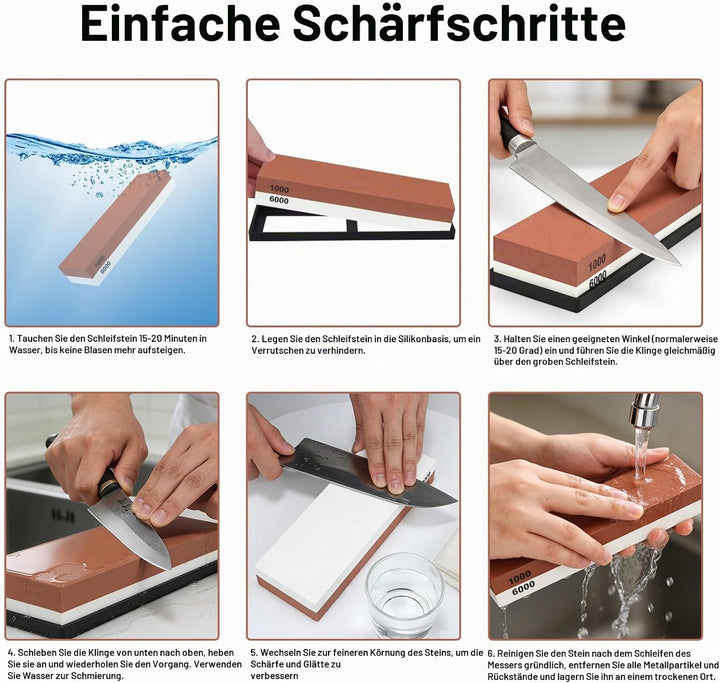 Schleifstein Set für Messer 1000/6000, Professionell 2-IN-1 Doppelseitiger Messerschärfer Abziehstei