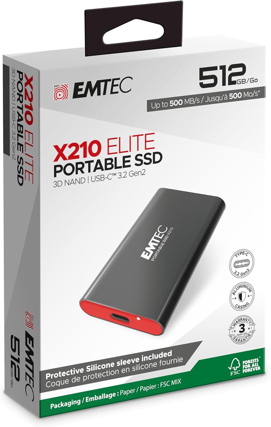 Emtec Externe SSD-Festplatte X210 Elite 512 GB – abwärtskompatibel mit USB 3.2 Gen1 und 2.0 – 3D NAN