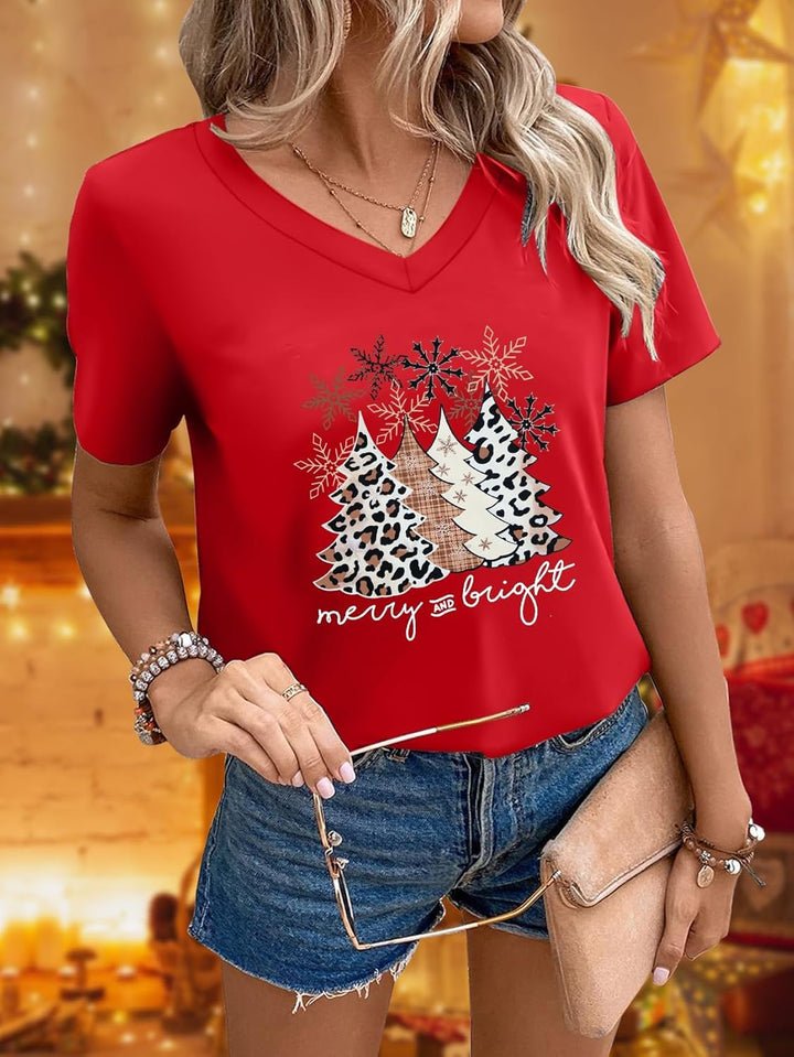 hohololo Weihnachts Tshirt Damen Christmas Shirt Merry Christmas V-Ausschnitt-T-Shirt Rot1 M, Rot1 M