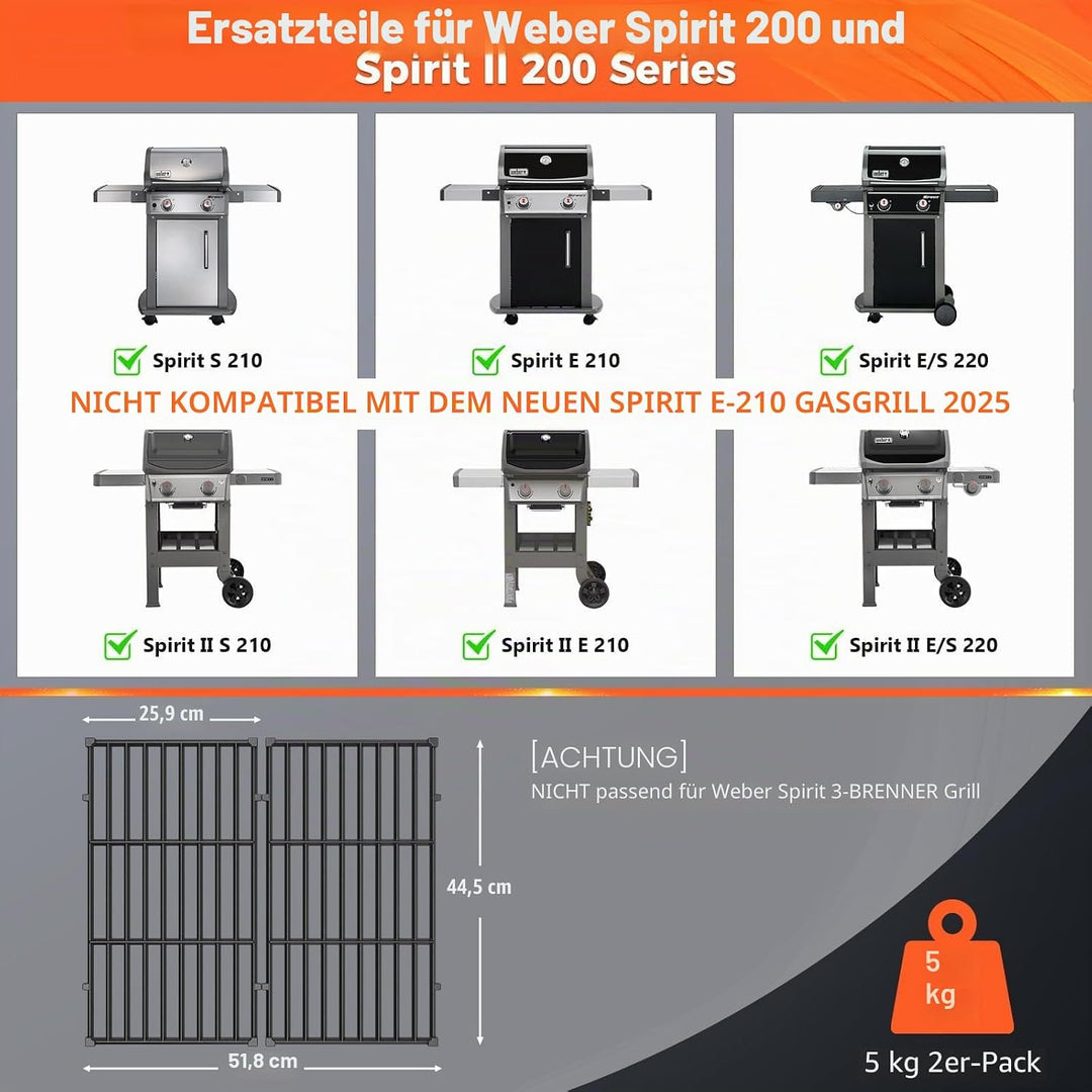 QuliMetal 7637 Grillroste für Weber Spirit E210, E220, S210, S215 mit Frontbedienung, Ersatzteile fü