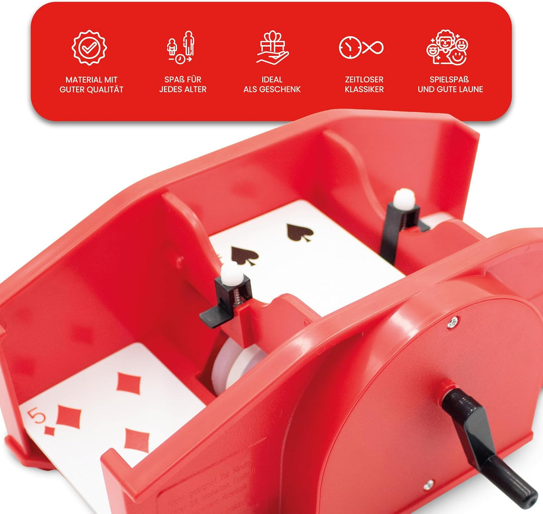 Kyto Manuelle Kartenmischmaschine mit Handkurbel – Spielkarten-Mischer – Rot + 4 Stück Spielkartenha